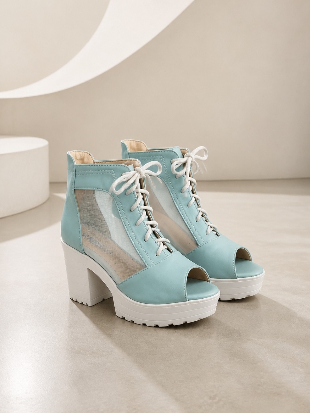 Wet Seal Platform Booties Lace-Up Open-Toe Chunky Heel Sandals in Soft Blue 6.5